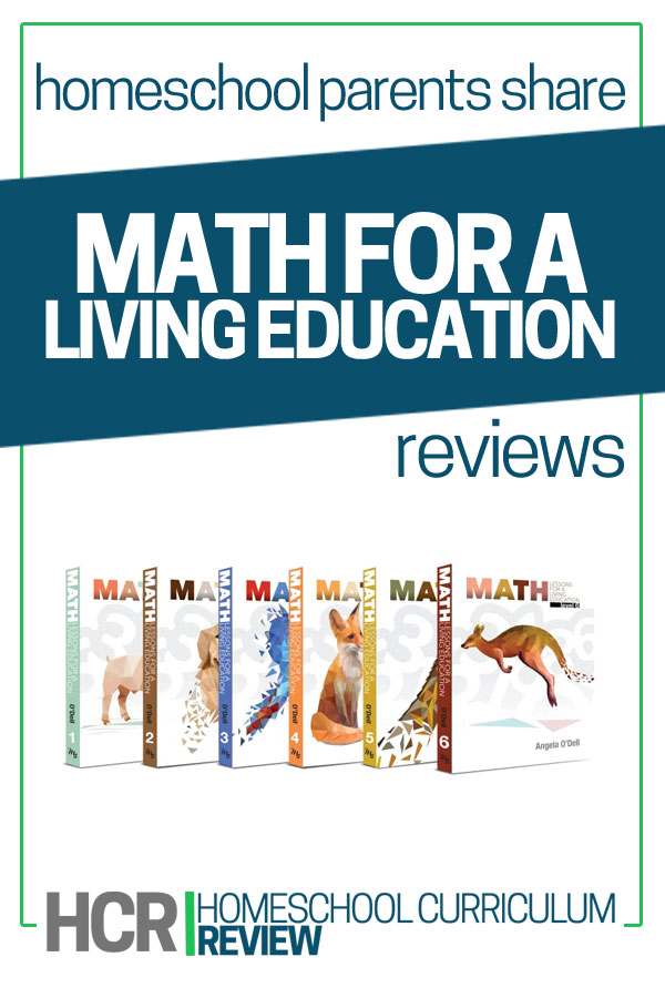 Text reads: Homeschool parents share math lessons for a living education reviews with a graphic showing the book covers of their program