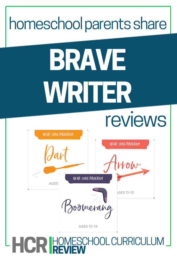 Text Reads Homeschool Parents Share Brave Writer Reviews with images of the curriculum graphics beneath